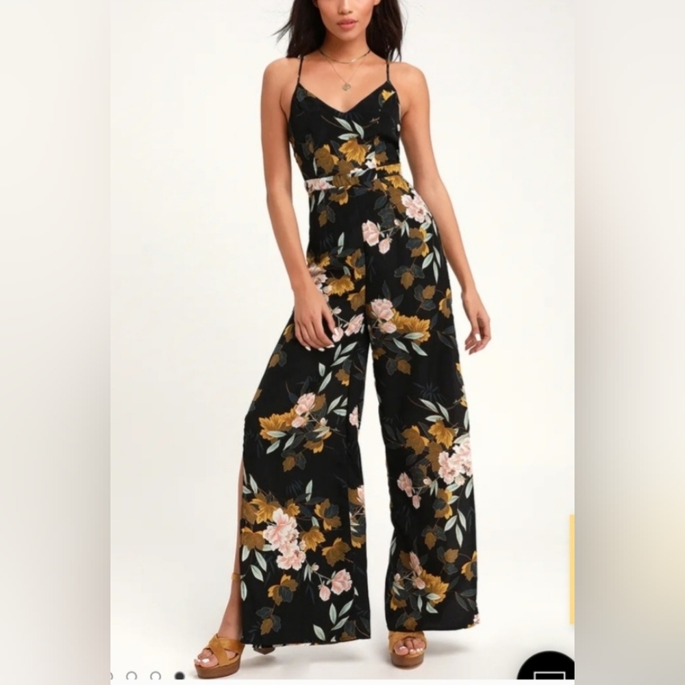 Lulu's Black Floral Wide-Leg Jumpsuit with Pink & Mustard Blooms